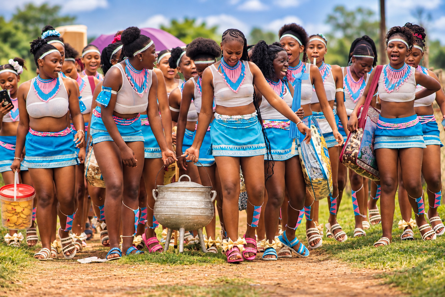 Group posing together in coordinated blue traditional attire